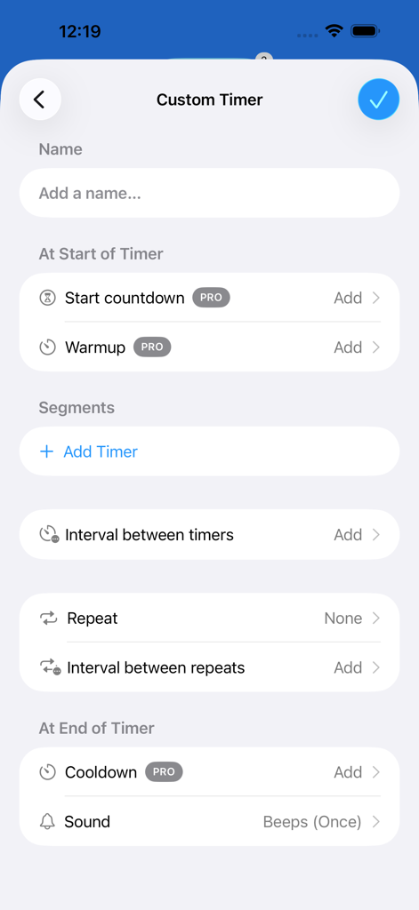 Una pantalla de configuración de temporizador personalizado con opciones de segmentos, intervalos y repeticiones