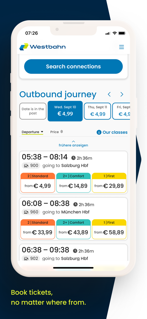 Westbahn - Screenshot dell'app mobile WESTbahn che mostra le coincidenze ferroviarie per il viaggio di andata con orari di partenza e prezzi dei biglietti per diverse classi di viaggio