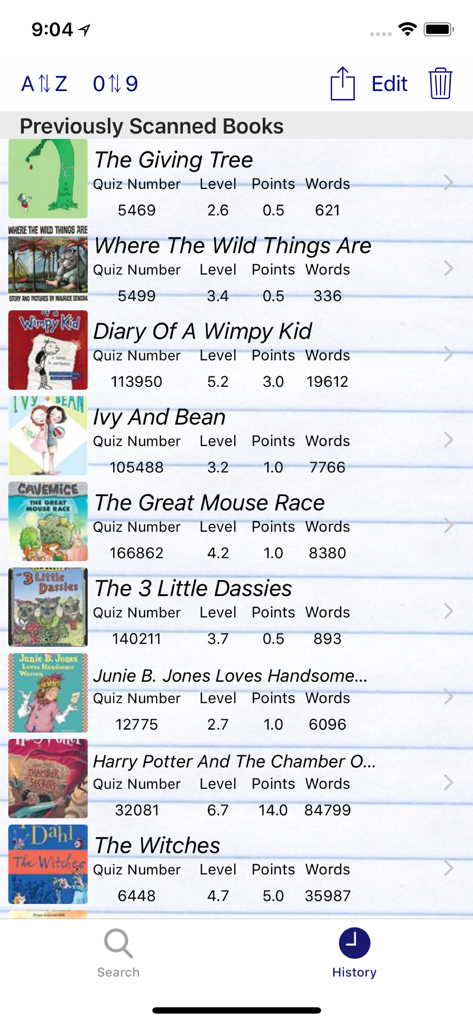 BookScanner Book Leveler App - BookScannerアプリの以前スキャンされた本のリスト。読書レベルとクイズ番号が表示されている