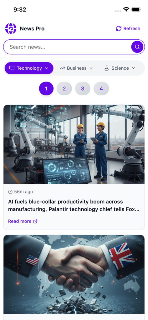 Ai News Pro - Ai News Pro mobile app displaying a news feed with technology and business categories