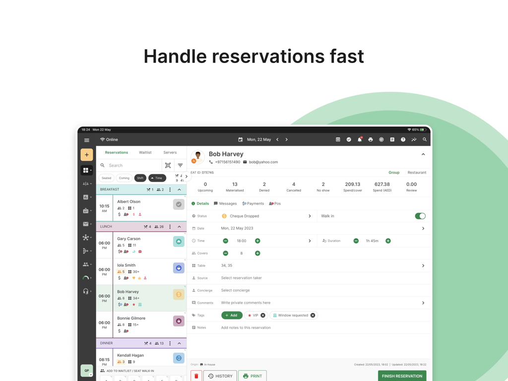 Eat App Manager - Eat App Manager Dashboard zeigt Restaurantreservierungsdetails und Gästeprofil auf einem iPad an
