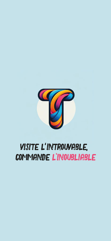 Introductory screen of Thalie app featuring a colorful stylized T logo and a French slogan about unique art commissions