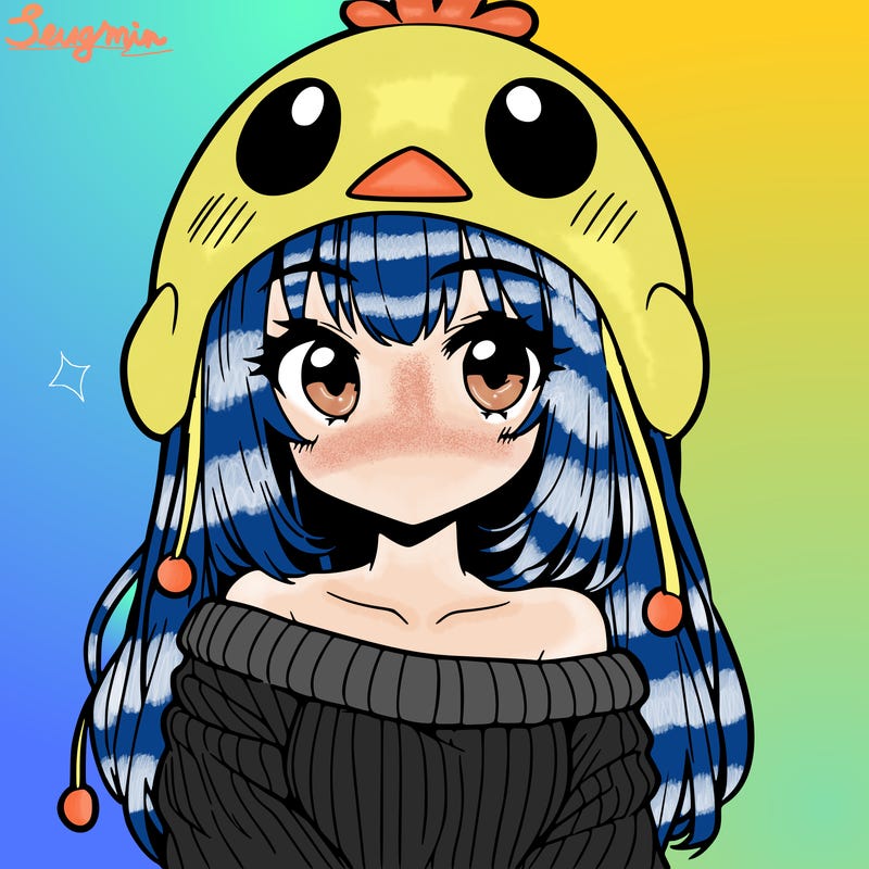 anime girl with chick shaped hat with sweater with bare shoulders with bangs covering them one eye with low tail