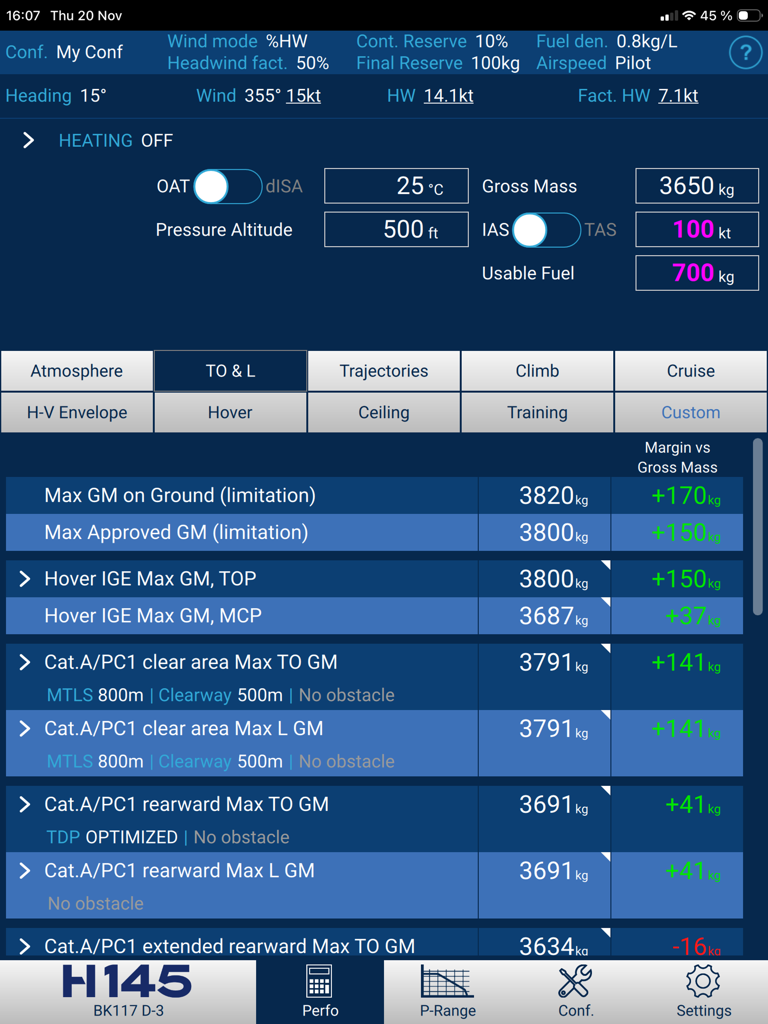 Dashboard of H145 Flight Perfo app showing takeoff and landing performance metrics for BK117 helicopter