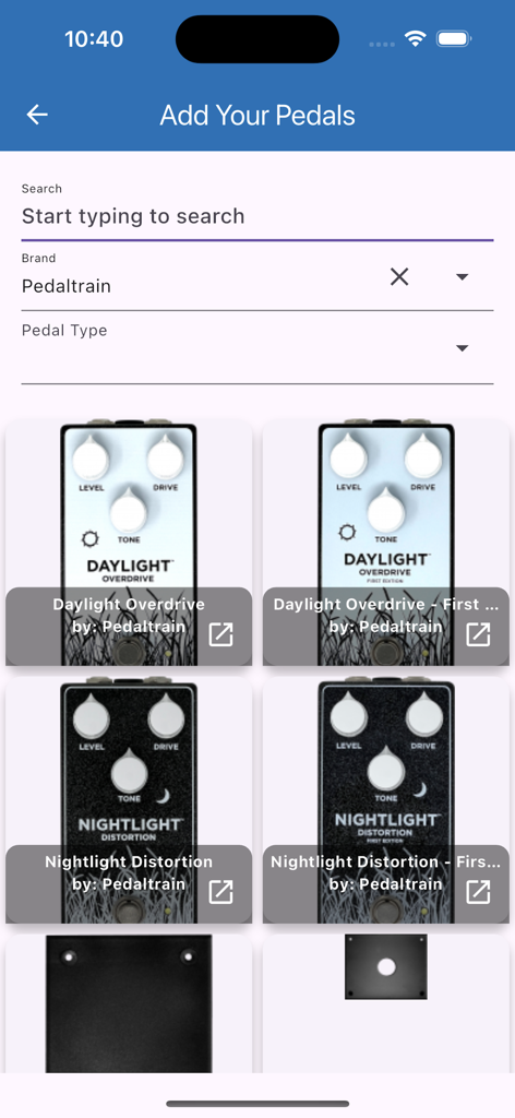 Interface for searching and adding guitar pedals in the Pedaltrain Pedalboard Planner app