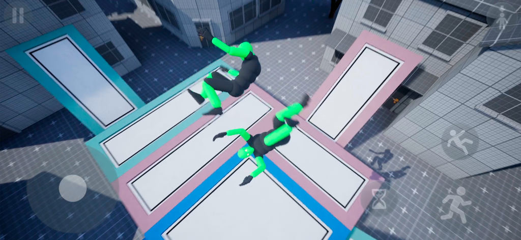 Green ragdoll characters bouncing on multiple trampolines in a city-themed physics playground