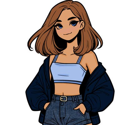 a realistic girl with a crop top and short shorts in an open jacket