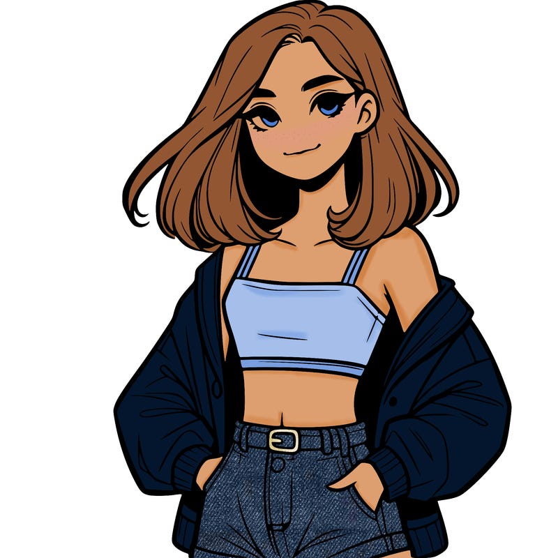 a realistic girl with a crop top and short shorts in an open jacket