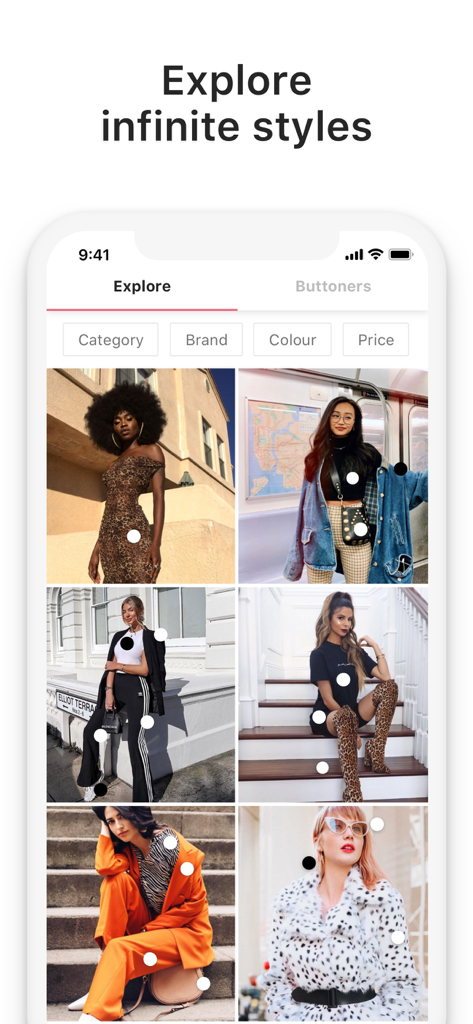 Screenshot of the 21 Buttons fashion network app showing an explore feed of trendy outfits with interactive shopping tags