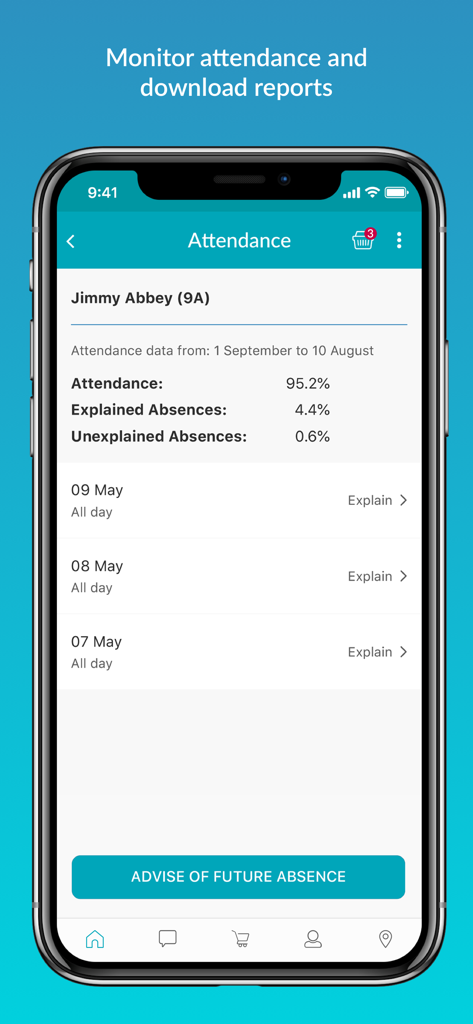 School Gateway - Smartphone screen displaying student attendance percentages and absence history within the School Gateway app