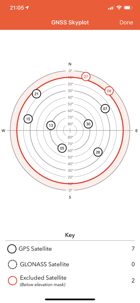 Windsock app GNSS Skyplot screen showing satellite positions and availability for drone flight planning