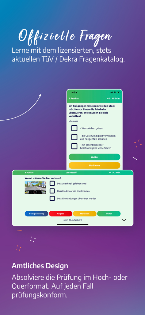 Benutzeroberfläche der Fahren Lernen App mit offiziellen theoretischen Fahrfragen im Hoch- und Querformat.