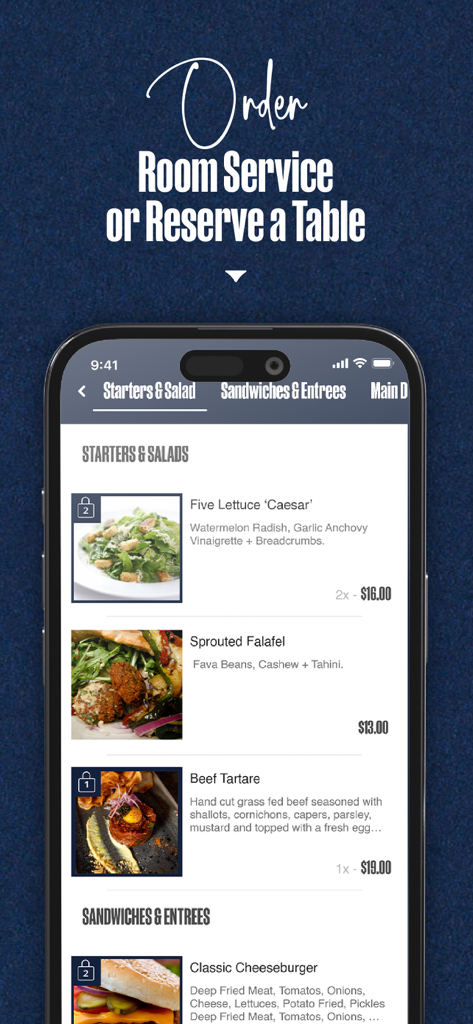 ルームサービス注文とレストラン予約のためのマイナーホテルズアプリのインターフェース