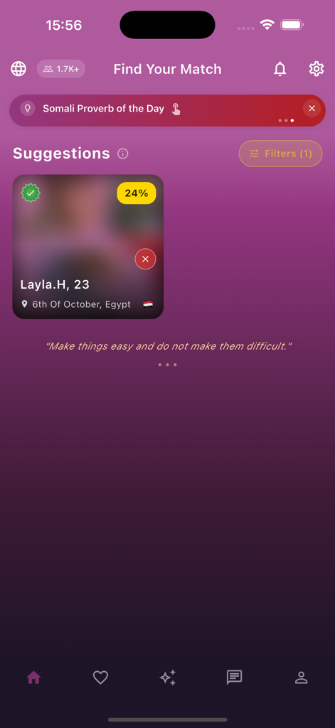 Sahan - Somali Marriage - Sahan Somali Marriage app screen displaying match suggestions with profile verification and a daily proverb