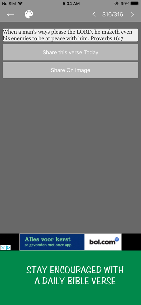 Un verset biblique quotidien de Proverbes 16:7 affiché dans l'application Dictionnaire Biblique de Smith avec des options pour partager le verset sous forme de texte ou d'image.