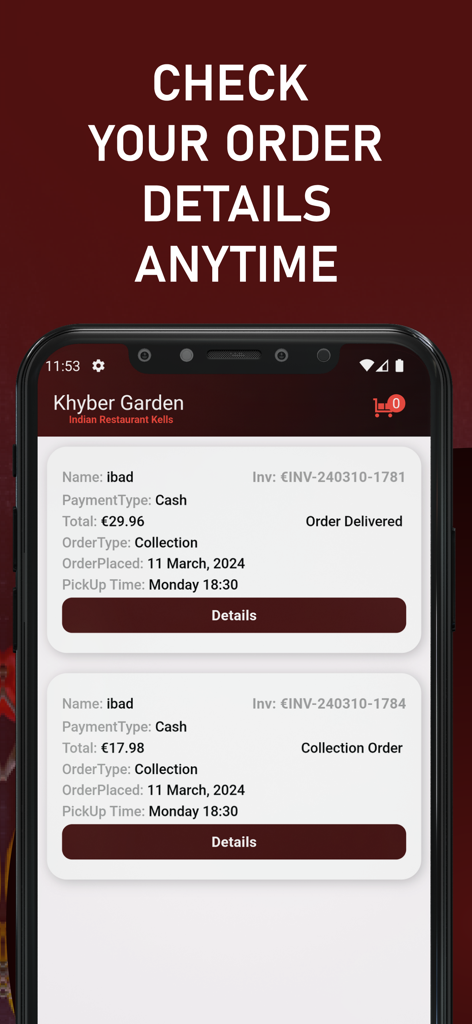 Khyber Garden - A mobile app screen showing a list of past food orders with details like price, pickup time, and order status