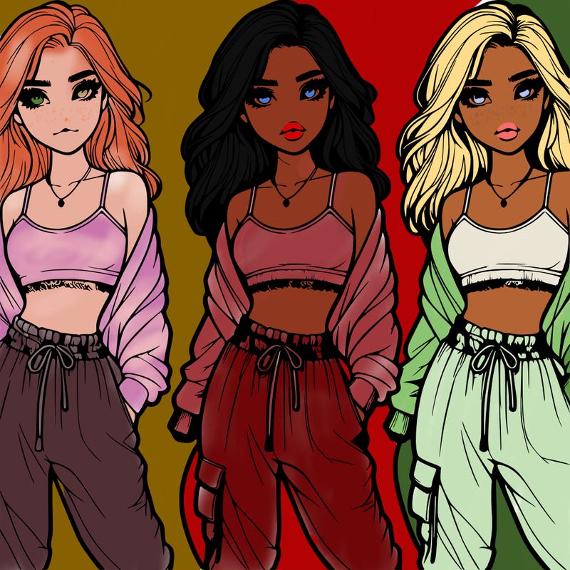 realistic girl in baggy pants and crop top