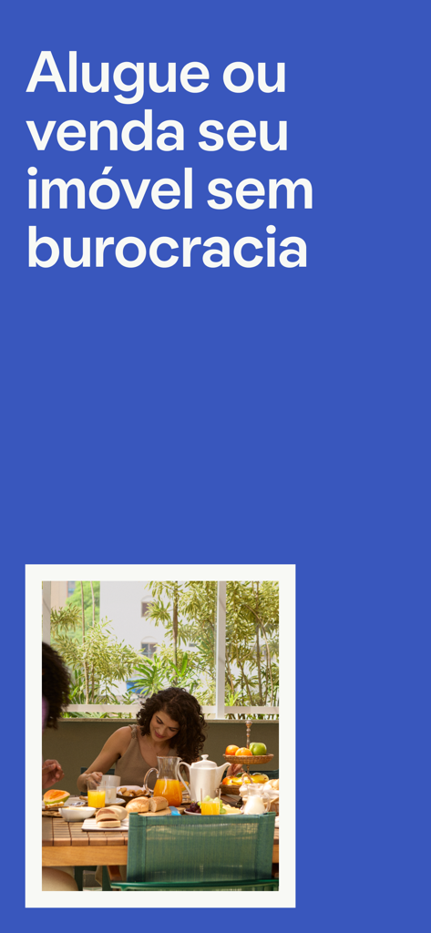 Marketing image for QuintoAndar real estate app with a woman having breakfast on a balcony and text about hassle free rentals.