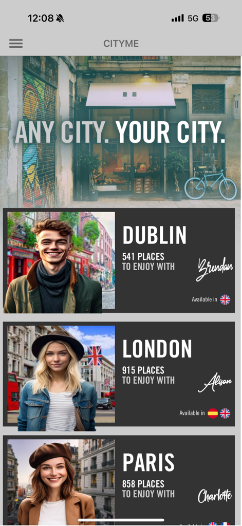 CityMe AI - CityMe AI app interface featuring local travel guides for Dublin London and Paris.