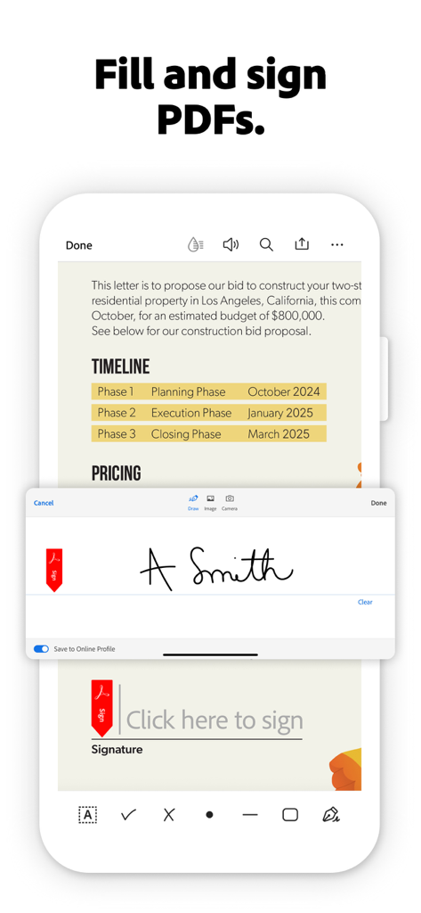 사용자가 문서에 디지털 서명을 추가하는 Adobe Acrobat Reader의 작성 및 서명 기능을 보여주는 모바일 인터페이스.