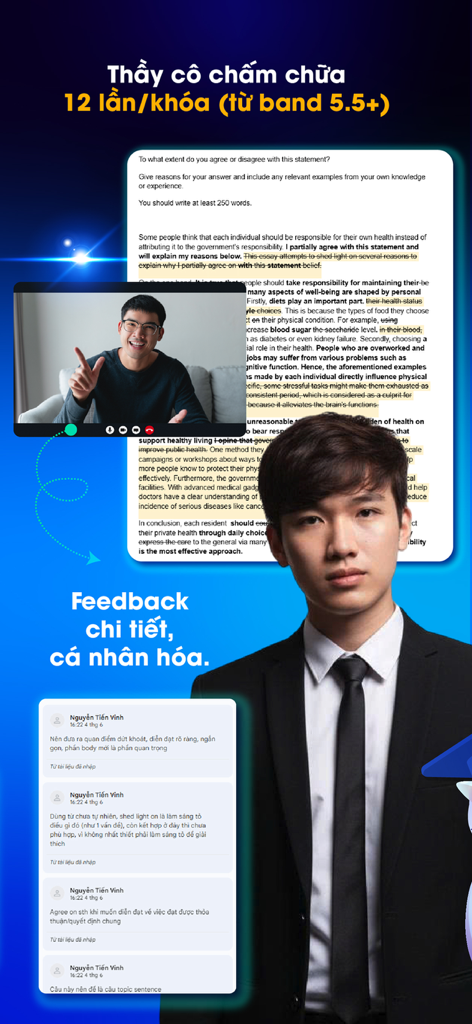 Edmicro IELTS - Edmicro IELTS app screenshot showing detailed personalized writing feedback and teacher essay corrections in Vietnamese