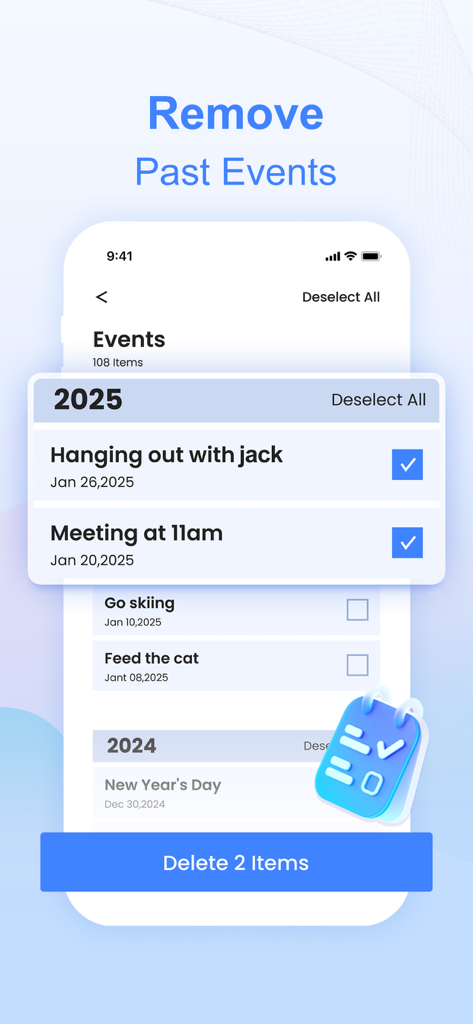 Interfaz de la aplicación One Cleaner que muestra la eliminación de eventos pasados del calendario para liberar almacenamiento.