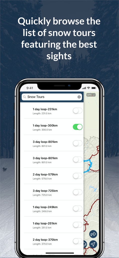 GoSnowmobiling NB app interface displaying a list of curated snow tours with distances
