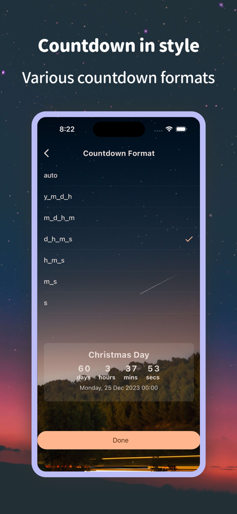 Countdown Calendar & Widget - A mobile interface showing different time format options for a countdown event and a Christmas Day preview widget