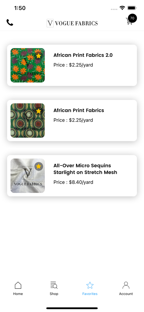 Vogue Fabrics mobile app interface showing a list of favorite wholesale fabrics like African prints and sequins