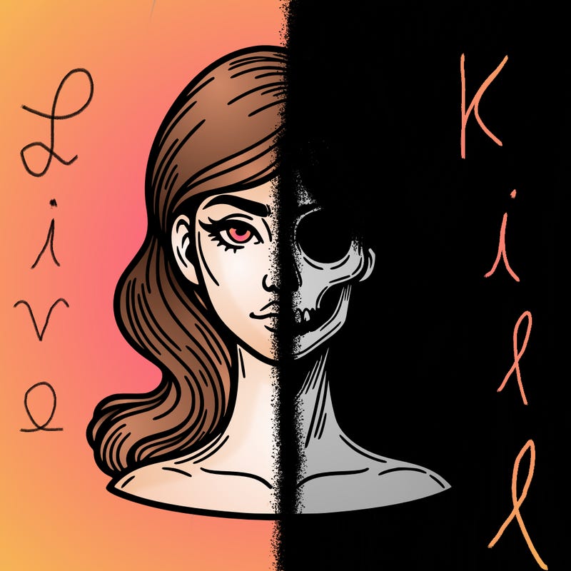 bust of a woman, half face and hair, half skull