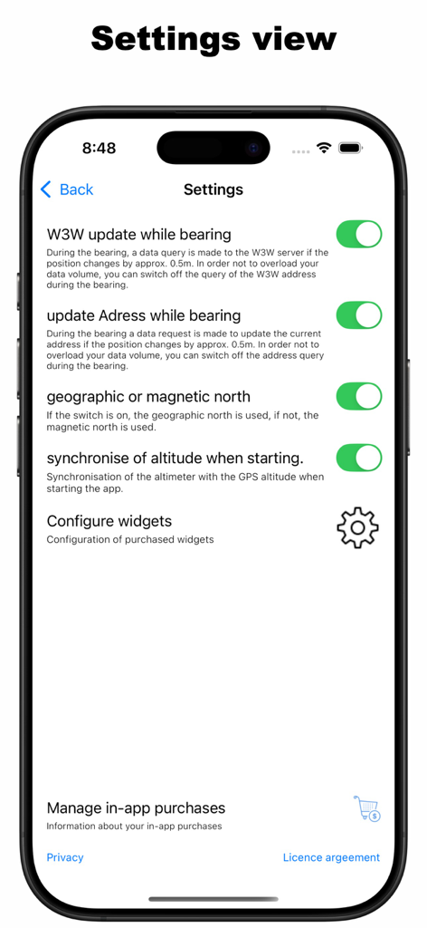 Compass - Professional - Einstellungsbildschirm der Kompass Professional App, der Navigations- und Koordinatenoptionen zeigt