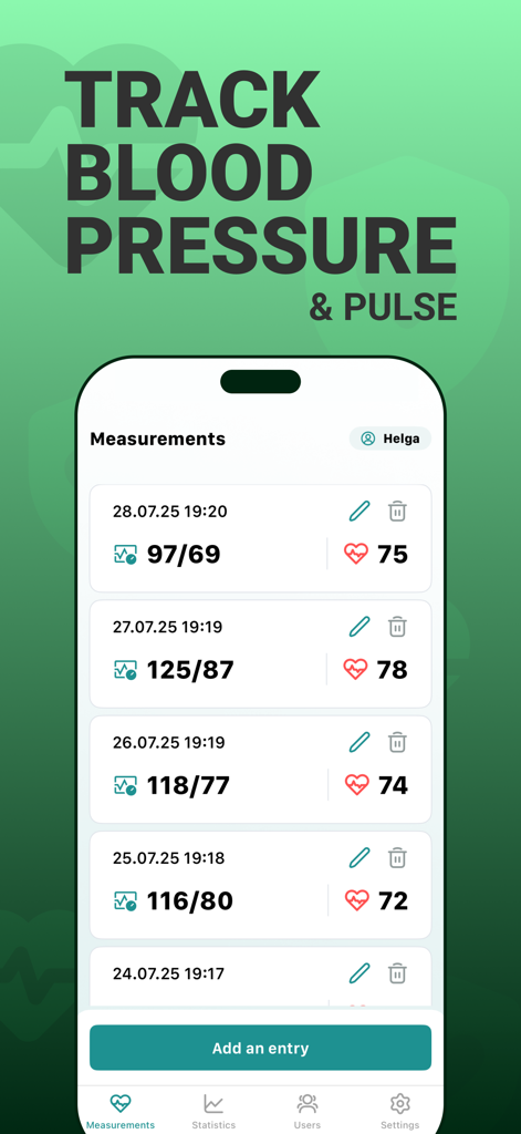Blood Pressure Log - BPJournal - Mobile app screen showing a list of blood pressure and pulse measurements recorded in BPJournal.
