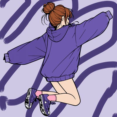 realistic girl jumping with a bun and oversized sweatshirt