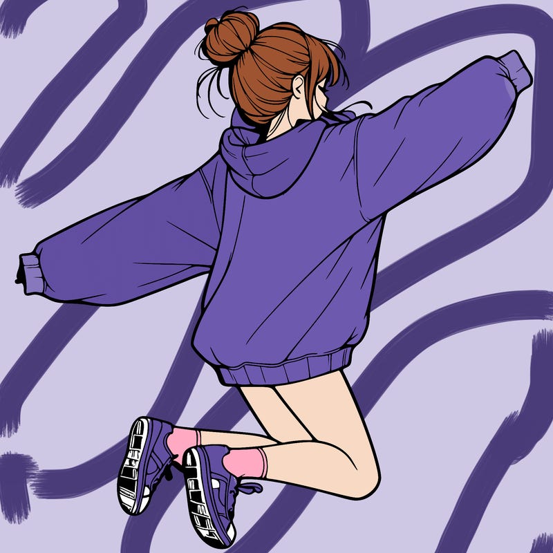realistic girl jumping with a bun and oversized sweatshirt