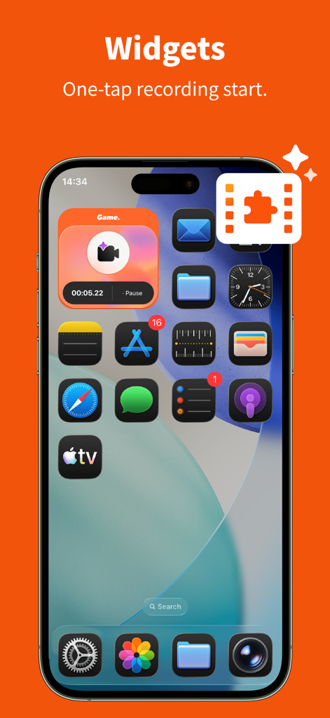 iPhone 홈 화면에 RecGen 원탭 화면 녹화 위젯이 표시됩니다.