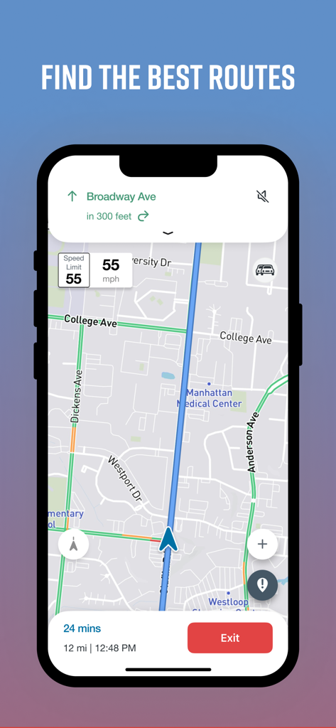 Drive Smarter app interface showing a GPS map with navigation routes and speed limit indicator