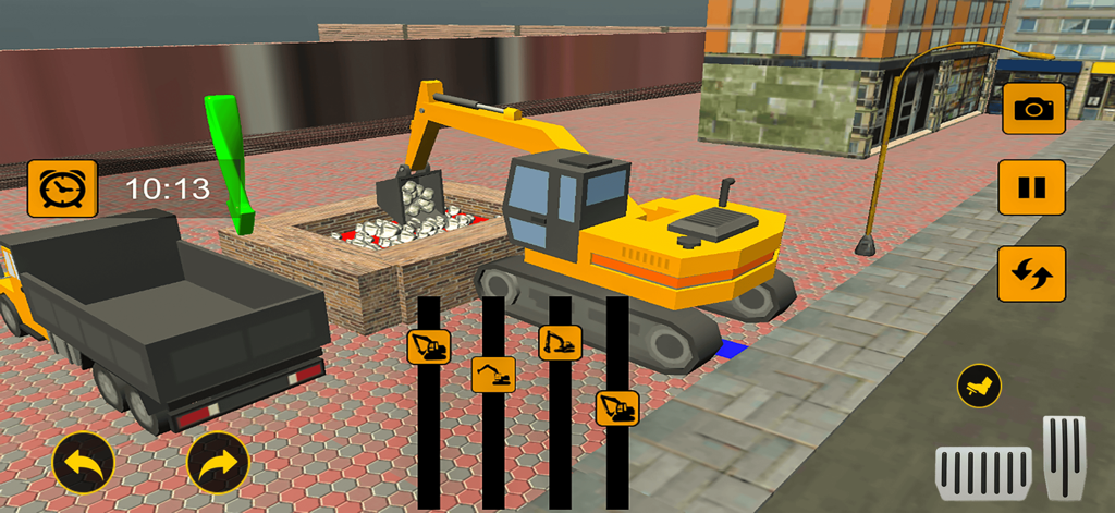 Futuristic Excavator Simulator - Una excavadora amarilla excavando piedras junto a un camión volquete en un juego de simulación de construcción de la ciudad.