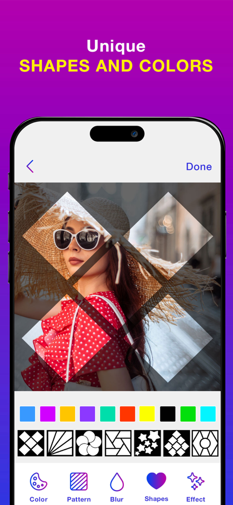 Mobile app interface showing unique geometric shapes and color patterns applied to a portrait photo.