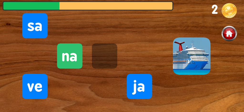 Interfaz del juego de aprendizaje de silabas en espanol con la palabra nave y un barco