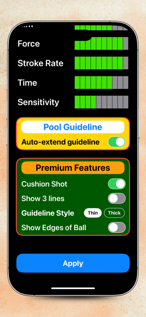 Cheto 8 ball pool - A settings menu for 8 ball pool showing sliders for force, stroke rate, and sensitivity with premium features like cushion shot and guideline extension.