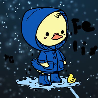 baby duck in a rain coat and boots, in a puddle while it’s raining