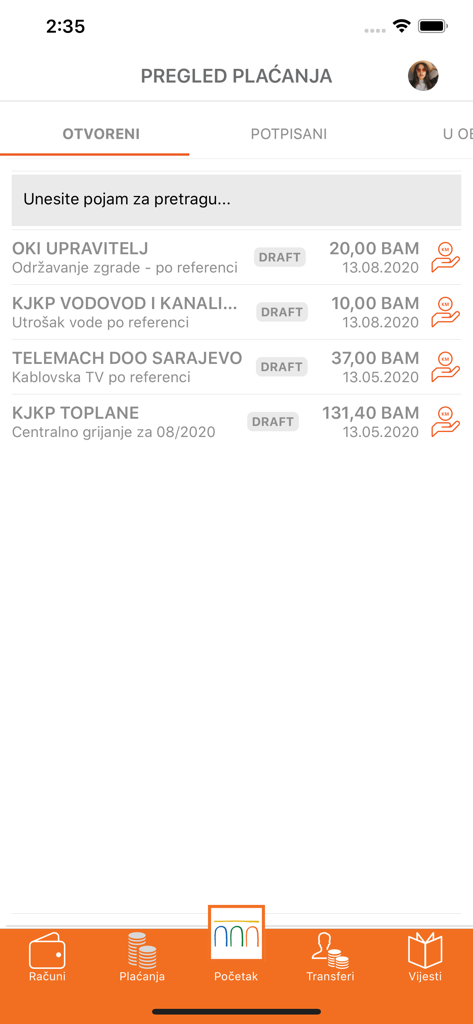 m-Intesa mobile app screen showing a list of draft utility bill payments