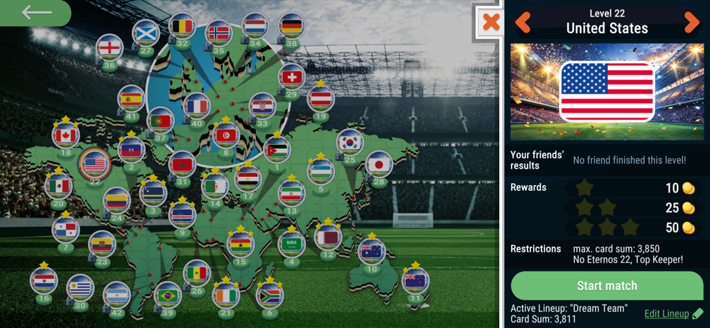 FIFA World Cup 2026™ AXL™ - World map level selection interface for FIFA World Cup 2026 AXL showing national team flags