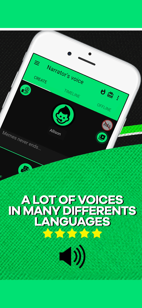 Narrator's voice - Pantalla de smartphone que muestra la aplicación La Voz del Narrador con texto que dice muchas voces en muchos idiomas diferentes y una calificación de cinco estrellas