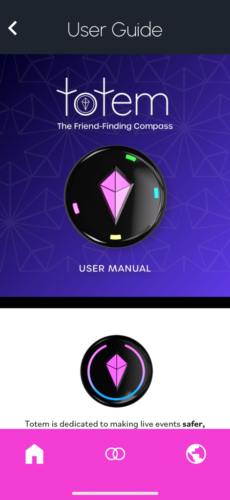 Totem Compass mobile app user guide screen displaying the wearable device and main navigation menu.
