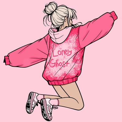 realistic girl jumping with a bun and oversized sweatshirt