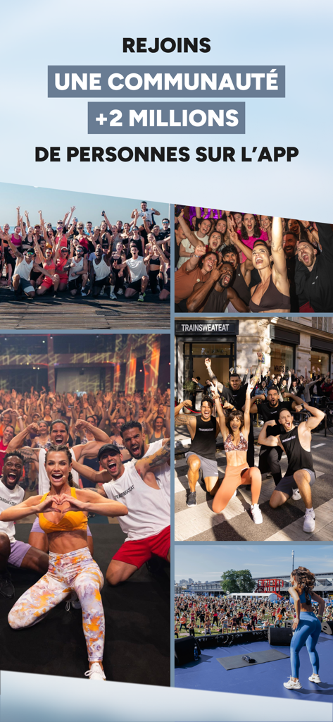 Collage of people participating in Trainsweateat community fitness events