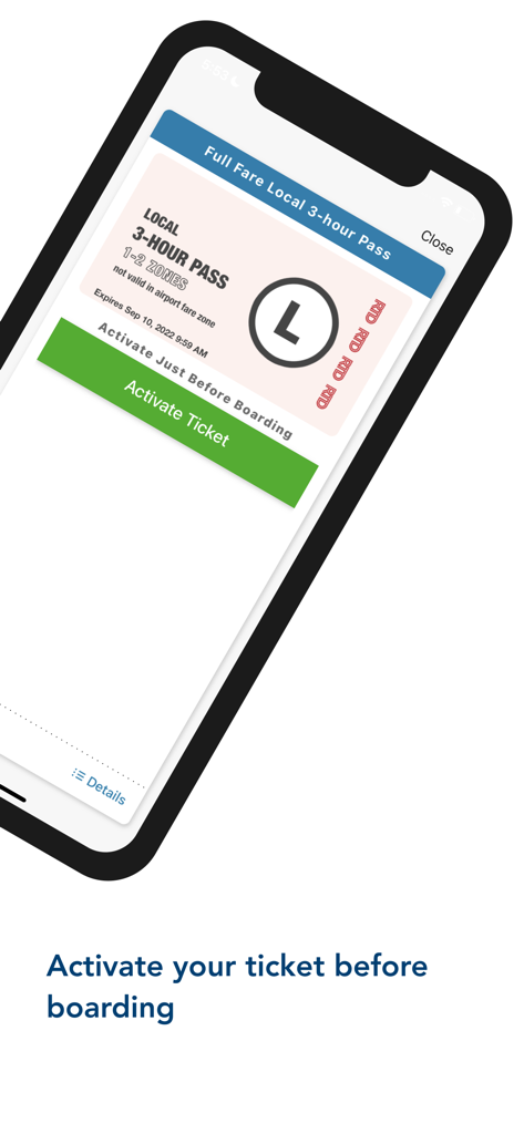 A mobile phone screen showing the RTD MyRide app with a local 3-hour pass and a button to activate the ticket before boarding