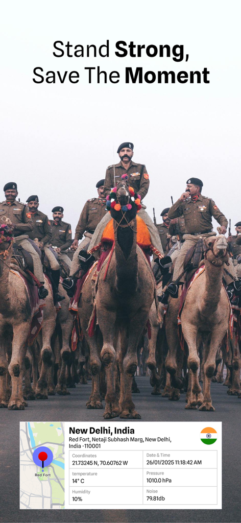 Geotagged photo of a camel parade in New Delhi with GPS location and environmental data