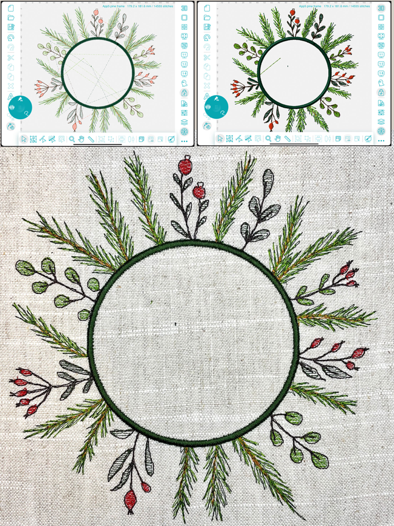 Embroidery Design Doodler - iPad interface showing an embroidery wreath design and the final stitched result on fabric